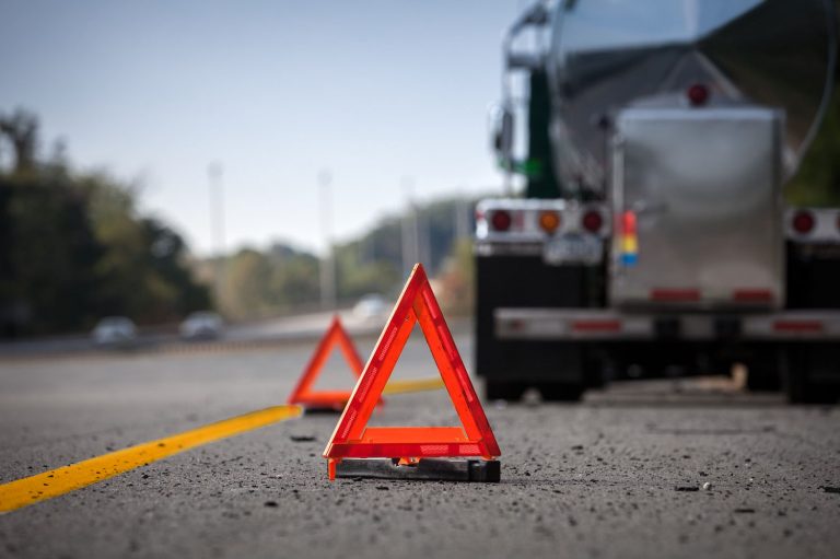 Warning Reflectors On Highway Indicating Disabled Truck